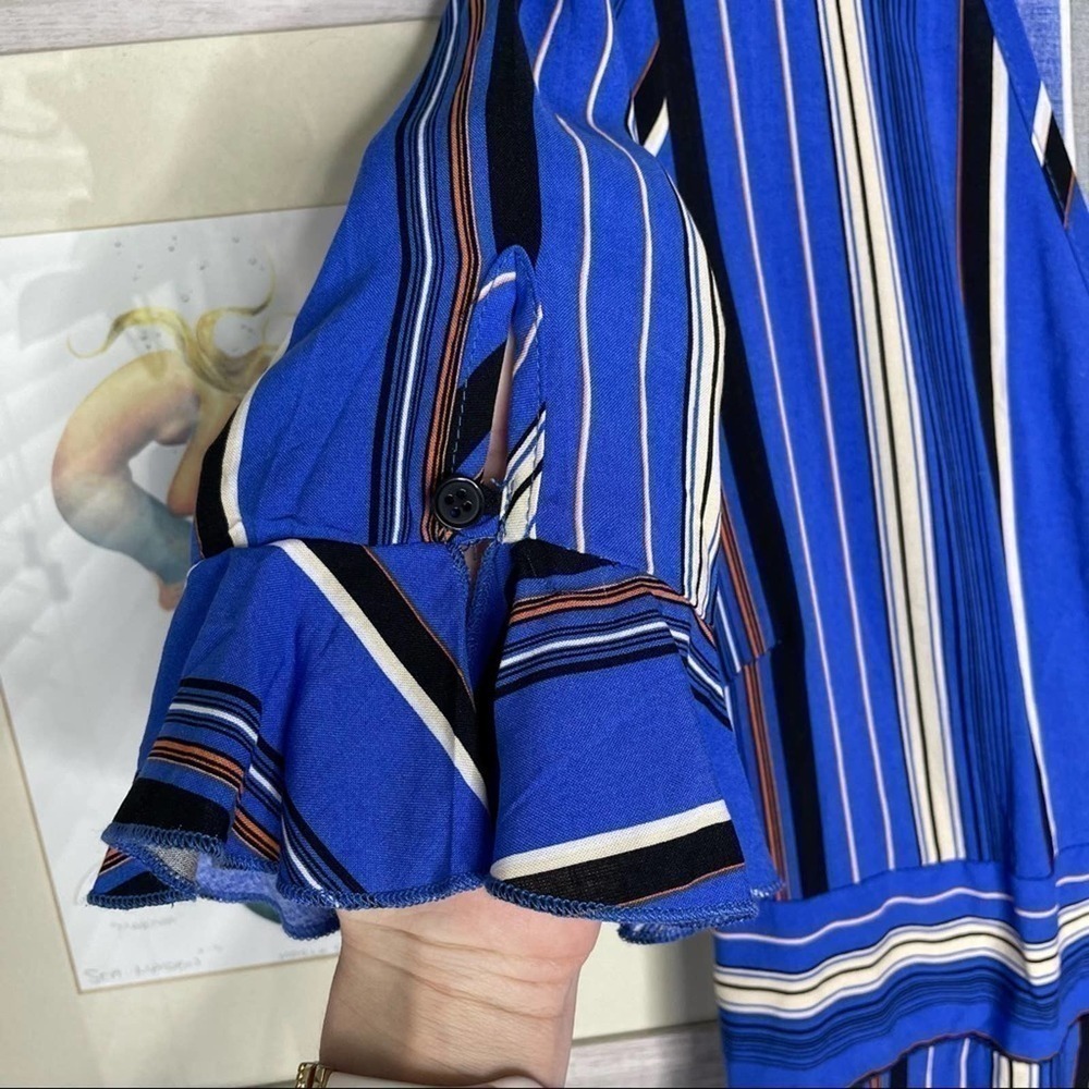 Band of Gypsies Blue Striped Ruffle Wrap Dress Size Medium - Picture 3 of 13